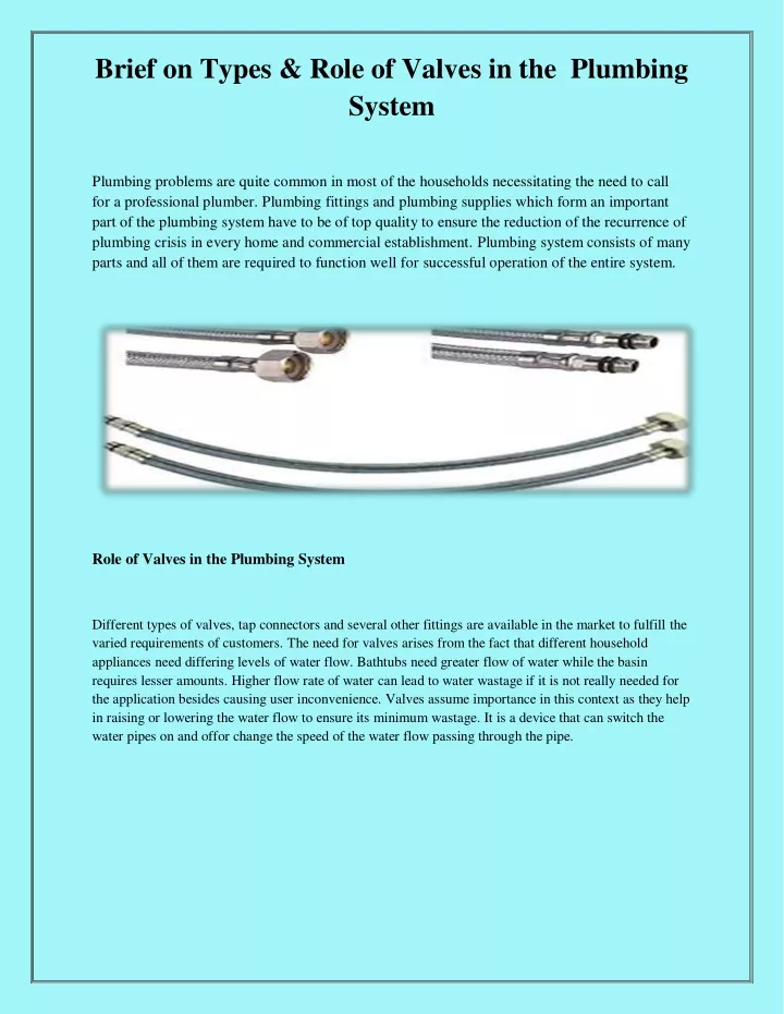 brief on types role of valves in the plumbing