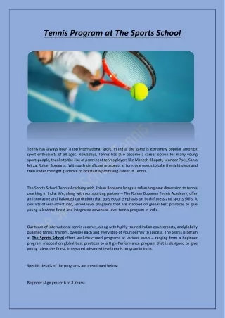 Tennis Program at The Sports School