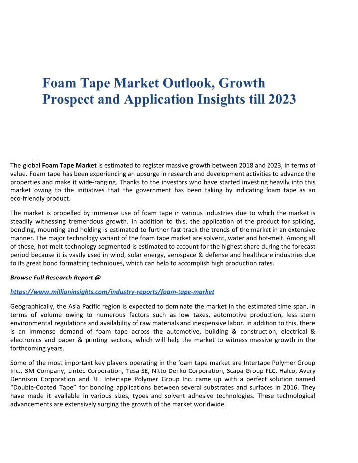 foam tape market outlook growth prospect