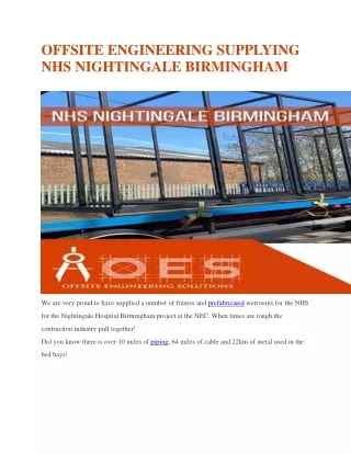 OFFSITE ENGINEERING SUPPLYING NHS NIGHTINGALE BIRMINGHAM