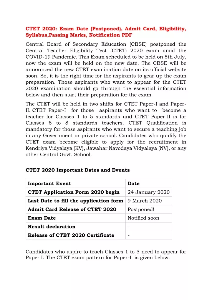 ctet 2020 exam date postponed admit card
