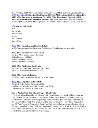 here providing bssc anm recruitment details bssc