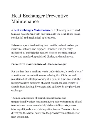 Heat Exchanger Preventive Maintenance