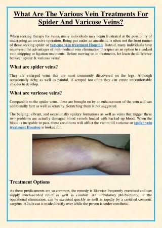 What Are The Various Vein Treatments For Spider And Varicose Veins?