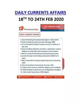 daily currents affairs 18 th to 24th feb 2020