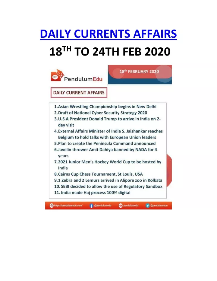 daily currents affairs 18 th to 24th feb 2020