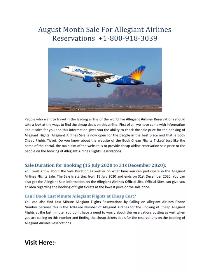 august month sale for allegiant airlines