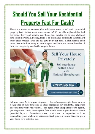 Should You Sell Your Residential Property Fast For Cash?