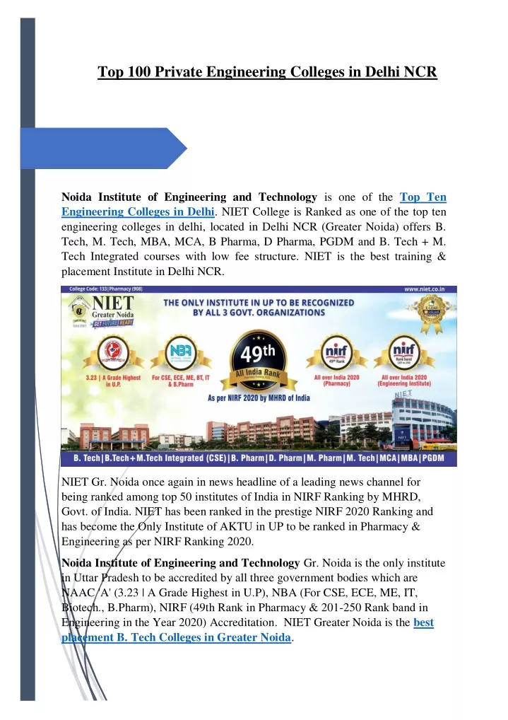top 100 private engineering colleges in delhi ncr