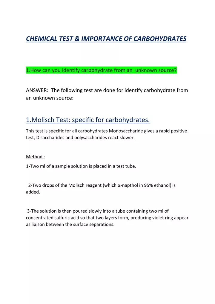 chemical test importance of carbohydrates