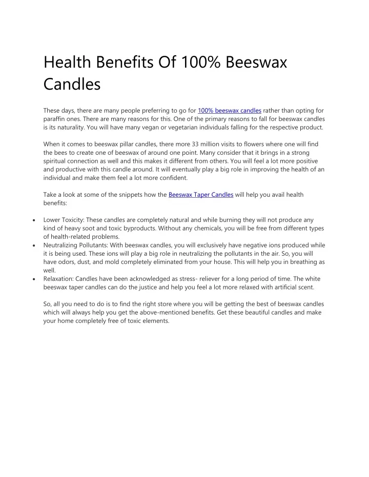 health benefits of 100 beeswax candles