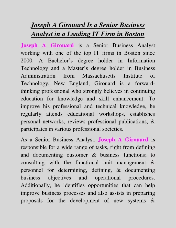 joseph a girouard is a senior business analyst