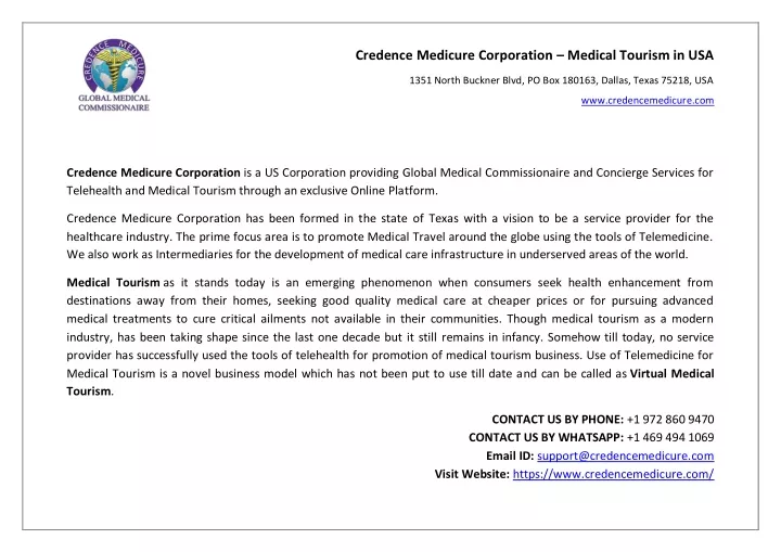 credence medicure corporation medical tourism