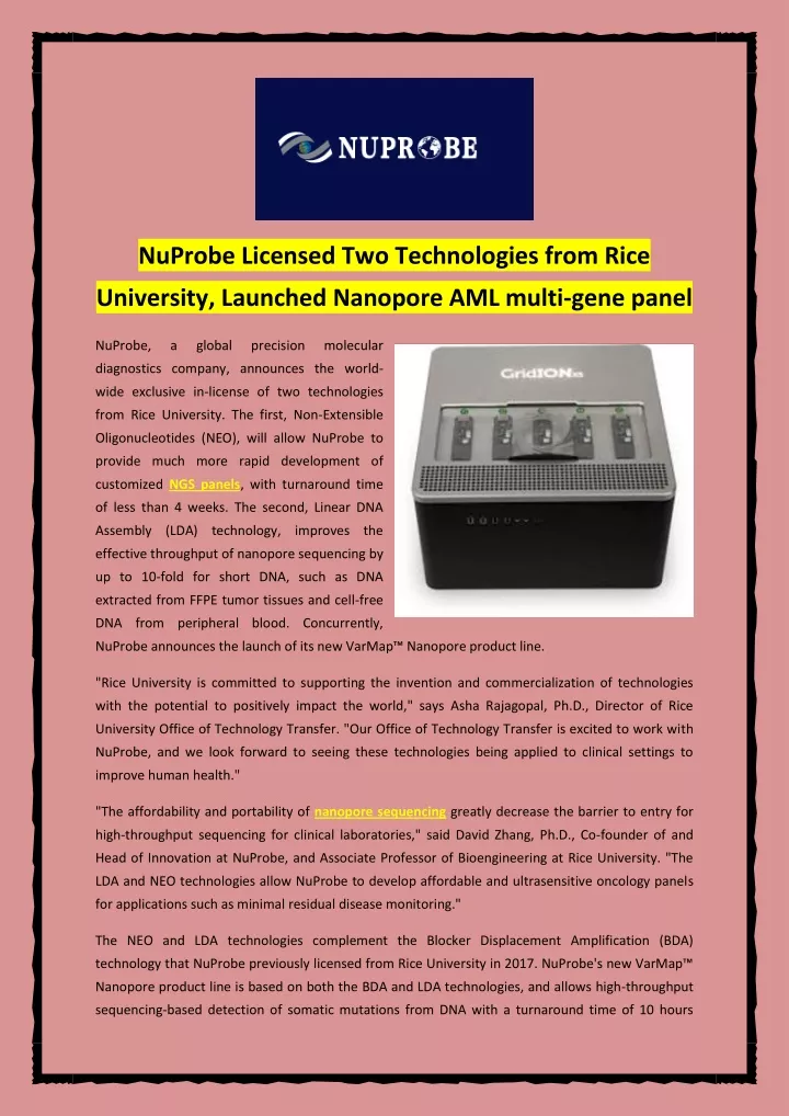nuprobe licensed two technologies from rice