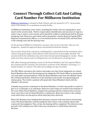 FedPhoneLine - Millhaven Institution - Connect Through Collect Call Number