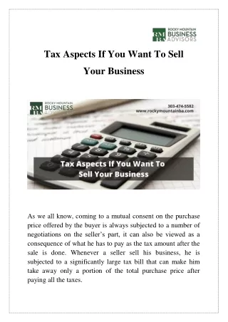 Tax Aspects If You Want To Sell  Your Business