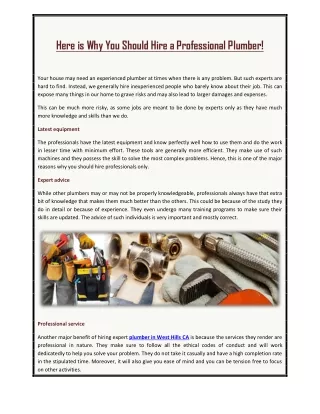 Here is Why You Should Hire a Professional Plumber!