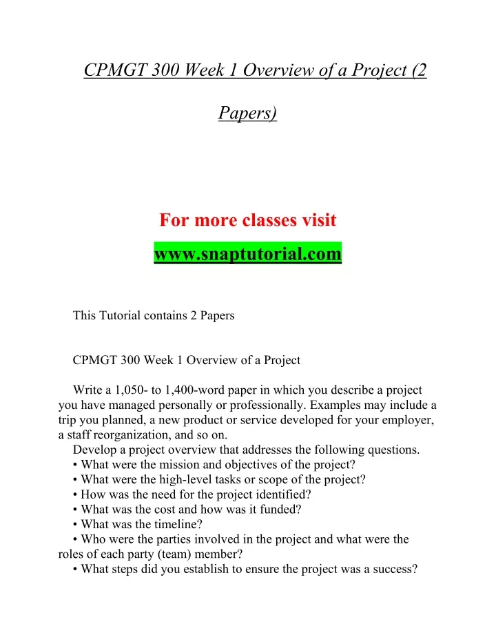 cpmgt 300 week 1 overview of a project 2