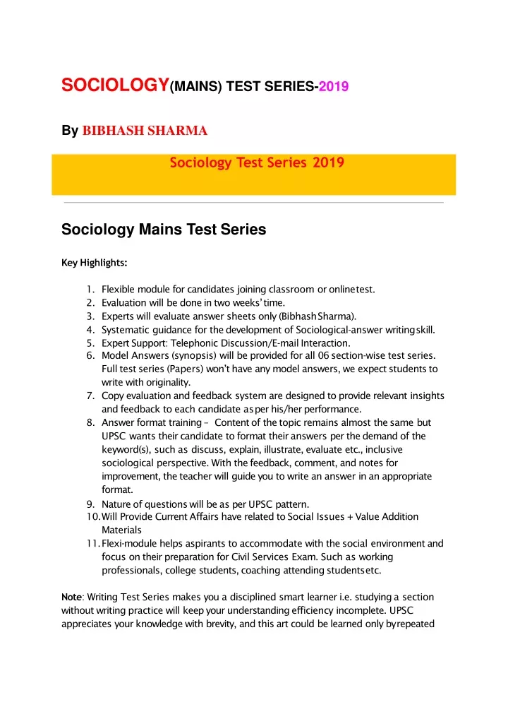 sociology mains test series 2019 by bibhash sharma