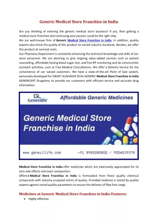 generic medical store franchise in india