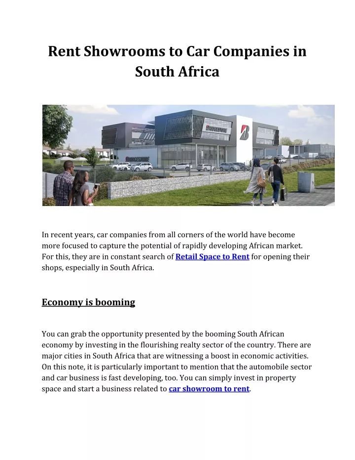 rent showrooms to car companies in south africa