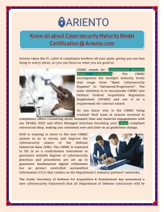 Know all about Cybersecurity Maturity Model Certification @ Ariento.com