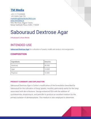 Technical Datasheet of Sabouraud Dextrose Agar or SDA