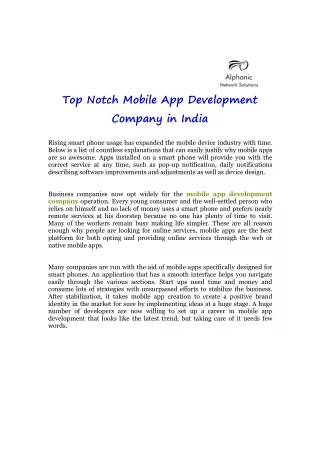 Top Notch Mobile App Development Company in India