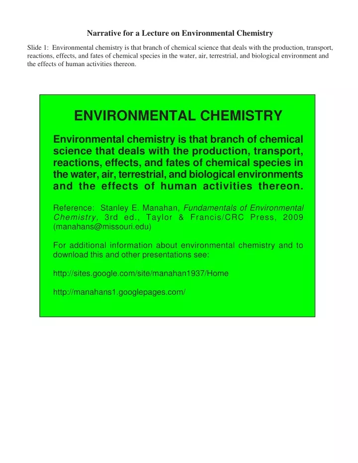 narrative for a lecture on environmental chemistry