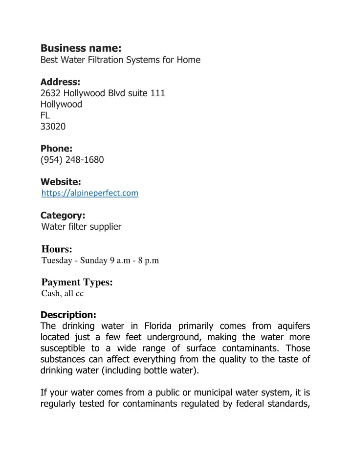 business name best water filtration systems